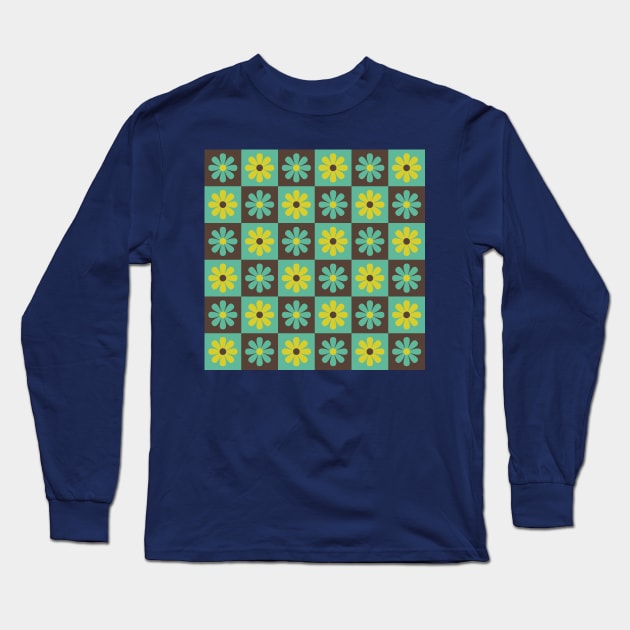 Teal Mod Flower Checkers Long Sleeve T-Shirt by Carolina Díaz